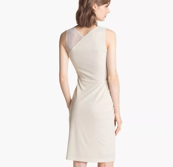 Halston Heritage Sleeve Dress With Sheer Contrast and Side Leg Slit Size 14 New - Picture 2 of 16